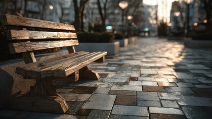 Fototapeta premium Inviting wooden bench amidst urban tranquility and sparkling pavement tiles