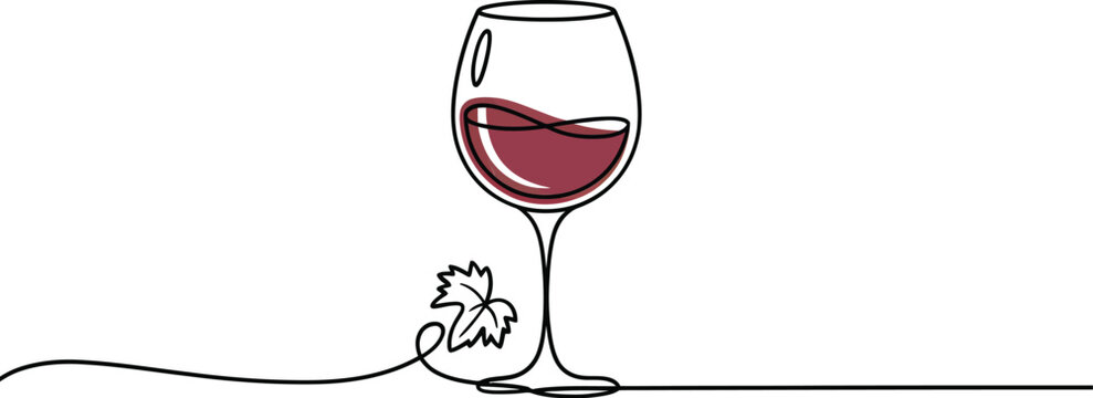 Elegant single line drawing of a wine glass filled with red wine with a delicate grape vine and leaves subtly incorporated into the continuous line art