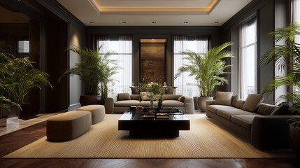 Elegant Living Room: A luxurious living room, bathed in natural light, exudes a sense of sophistication and tranquility, creating an inviting atmosphere for relaxation and entertainment.