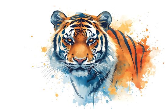 Vibrant Watercolor Tiger Illustration &ndash; Color-Splash Digital Artwork on White Background