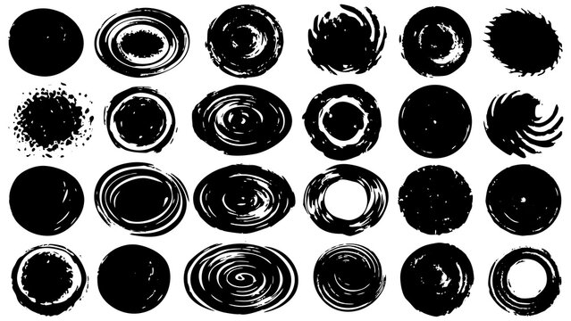Collection of textured black circles abstract brush strokes shapes grunge art elements