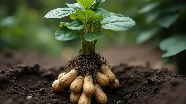 Freshly harvested groundnuts with green leaves growing from soil in an outdoor field