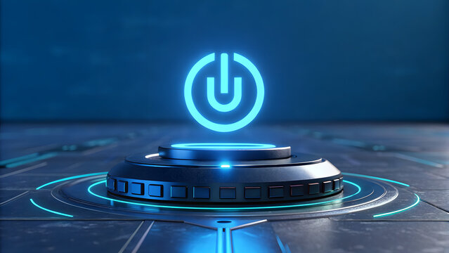 Glowing power button symbol with futuristic technology background
