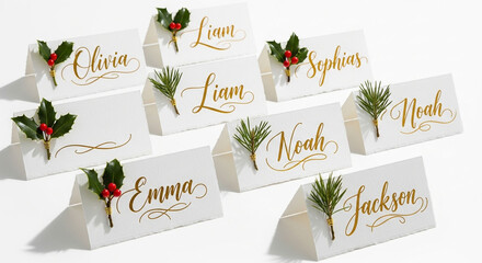 Charming christmas place cards isolated on white background showcasing calligraphy names, adorned with festive greenery and berries, perfect for adding a personal touch to holiday gatherings