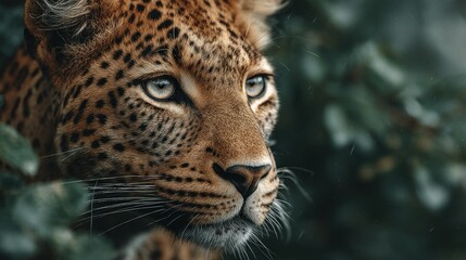 Fototapeta premium Close-up portrait of a majestic leopard amidst lush green foliage