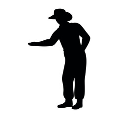 Silhouette of a person in a hat and overalls extending their hand in a gesture of offering or asking