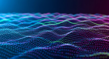 Abstract digital wave pattern of glowing colorful dots representing data flow and technology visualization on a dark background, ideal for futuristic and innovative designs and web backgrounds