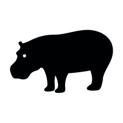 A stark black silhouette of a hippopotamus standing against a plain white background
