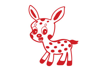 Cheerful cartoon fawn with red spots and outline stands on a white background