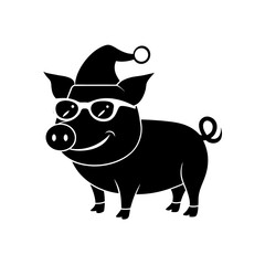 vector silhouette of a cartoon pig wearing Christmas hat and sunglass