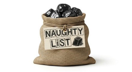 A burlap sack overflowing with lumps of coal, isolated on white background, labeled naughty list, symbolizing the consequences of bad behavior during the holiday season