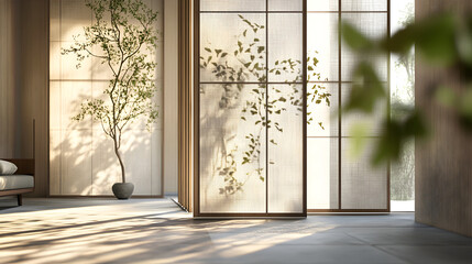 Interior scene featuring a minimalist design with plants and natural light.