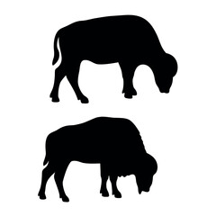 Two black silhouettes of bison grazing on a white background