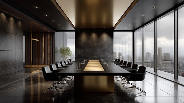 Boardroom Grandeur: An elegant and modern boardroom features a long, polished conference table bathed in the warm glow of ambient lighting, offering a panoramic view of the city skyline.