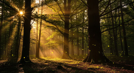Fototapeta premium A surreal twilight forest glowing in sunset light, trees bathed in gold and shadow, fog clinging to the ground like smoke, occasional glimmers in the mist, beauty veiled in mystery