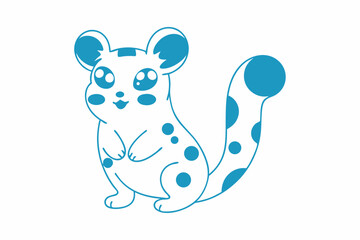 Cute blue cartoon mouse is standing upright with happy expression and spotted tail
