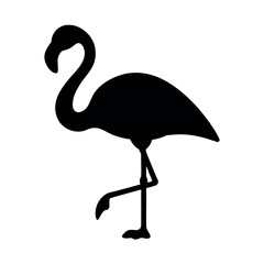 Elegant silhouette of a black flamingo standing on one leg against a white background