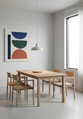 Minimalist dining area with natural wood furniture and modern artwork