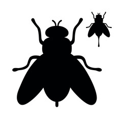 Two black silhouettes of flies one large and one small against a white background