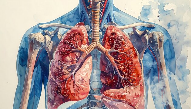 Anatomical illustration of the human lungs and upper body