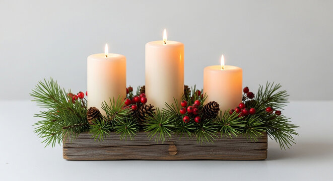 Rustic christmas centerpiece featuring three lit candles, pine branches, pine cones, and red berries arranged in a weathered wooden box on a white background