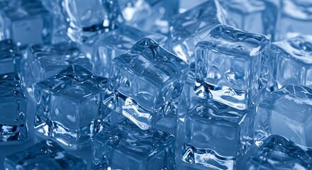 Obraz premium Close-up of glossy ice cubes with a cool blue tint, showing sharp edges and wet, reflective surfaces for freshness