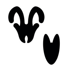 Two stylized black silhouettes of animal tracks one resembling a ram s head and the other a hoof