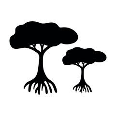 Silhouettes of two stylized trees with prominent exposed roots against a white background