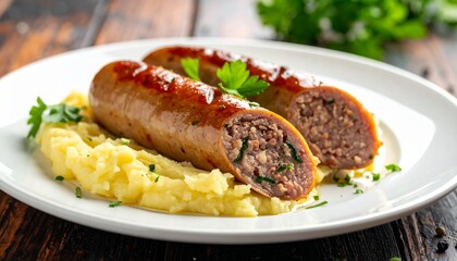 Sausage and mashed potato dish, a close-up shot of grilled sausages served with mashed potatoes and fresh herbs. A mouthwatering, savory, and appetizing meal