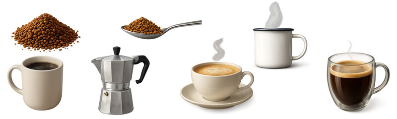 Steaming mugs and moka pot, coffee granules and cups arranged as product spread, coffee served in ceramic and glass with rich foam, coffee props for menu visuals set isolate transparent background