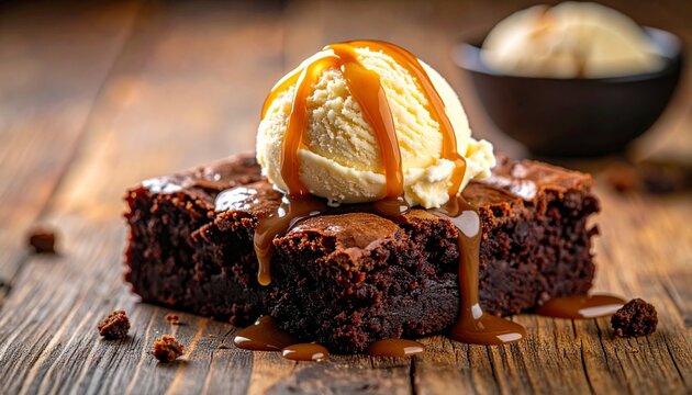 Delicious brownie topped with ice cream and caramel sauce, perfect dessert - Powered by Adobe