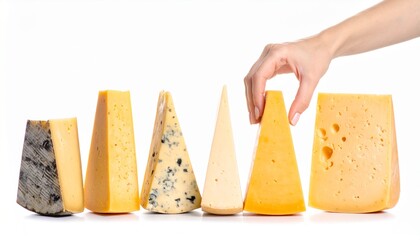 A hand picking up a piece of cheese from a variety of cheeses
