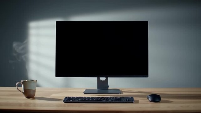 Modern Workspace Setup with Blank Monitor Screen and Peripheral Devices on Wooden Desk Near Wall with Light Streaks for Work From Home Concept