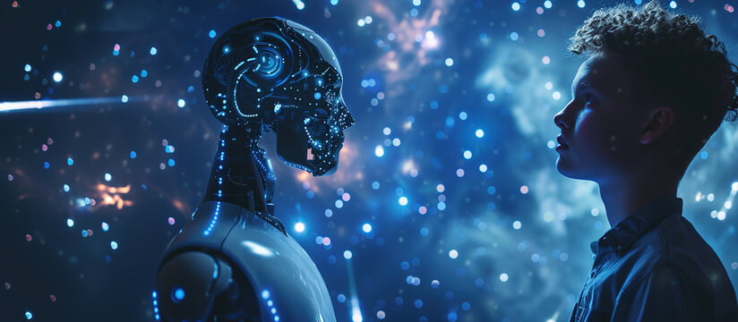 Dialogue with Tomorrow: A thoughtful young person looks into the metallic gaze of an advanced robot against a backdrop of a vibrant, digitally rendered galaxy.
