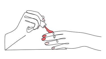 Minimalist line art illustration of a hand applying vibrant red nail polish to fingernails showcasing a beauty routine and self care