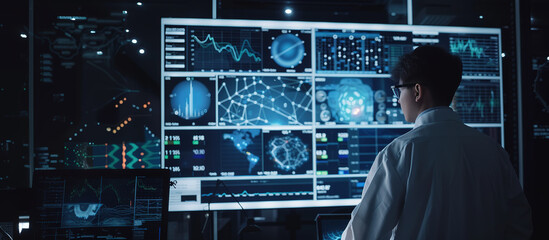 Data Analysis at the Control Center: A dedicated technician, immersed in a complex data visualization interface, navigates an intricate array of information displays.