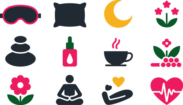 Conceptual depiction of wellness relaxation and self care including sleep meditation essential oils and healthy habits
