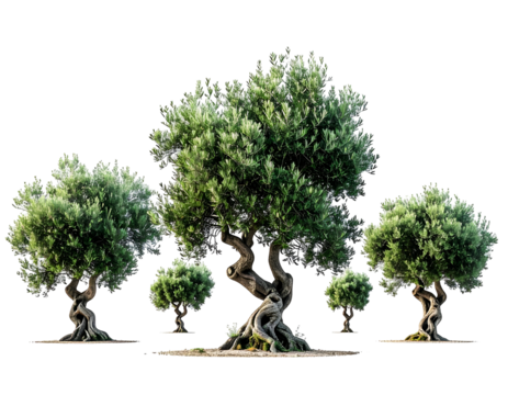 Group of olive trees with varying heights and gnarled trunks, lush foliage