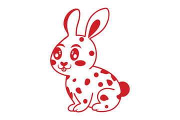 Cute cartoon rabbit with red outline and spots poses on a white background