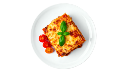 A square portion of lasagna on a white plate, topped with melted cheese and fresh basil, alongside cherry tomatoes