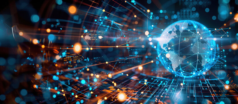 Global Data Network: A stunning, futuristic view of the globe, enveloped in a vibrant web of data, lights, and connections, visualizing the concept of a global network.