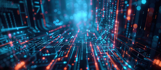 Fototapeta premium Circuit board network visualization: Dynamic circuit board with glowing lines of data and information flows, highlighting connectivity and technological advancements in the digital sphere.