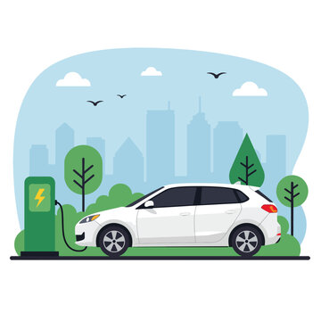 A modern white electric SUV car plugged into a green public charging station for refueling.