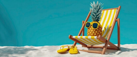 A pineapple relaxes on a striped beach chair with sunglasses and sandals