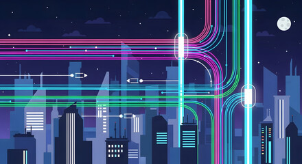 Dynamic digital network illuminating a futuristic smart city skyline at night, showcasing advanced urban technology, high-speed data transfer, and global connectivity concepts