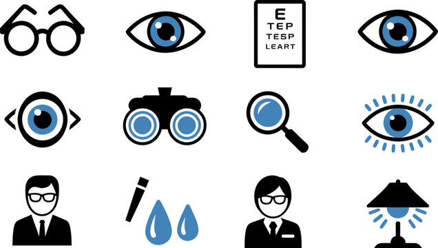 Optical health and vision care icons presenting various aspects of eye health and visual aids