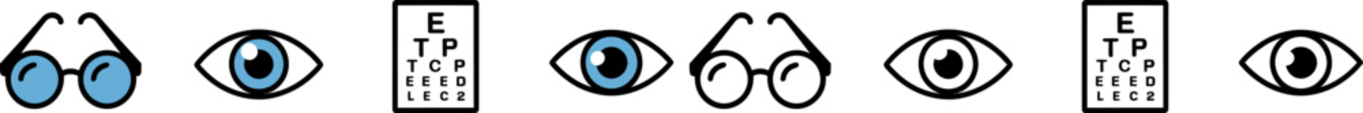 Ophthalmology vision care with eye exam and eyeglasses vector illustration symbols