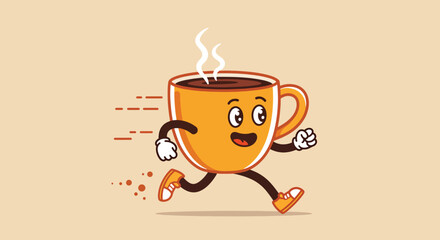 Cheerful Cartoon Coffee Cup Running with Steam and Happy Expression.