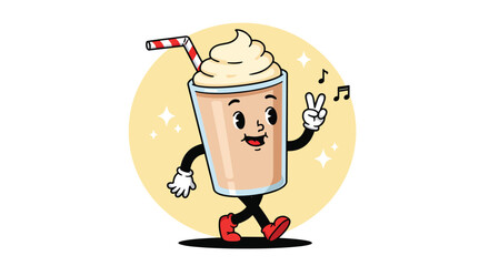Cheerful Cartoon Milkshake Dancing with a Straw and Red Shoes.
