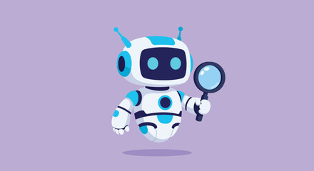 Fototapeta premium Cute cartoon robot holding a magnifying glass exploring with curiosity.